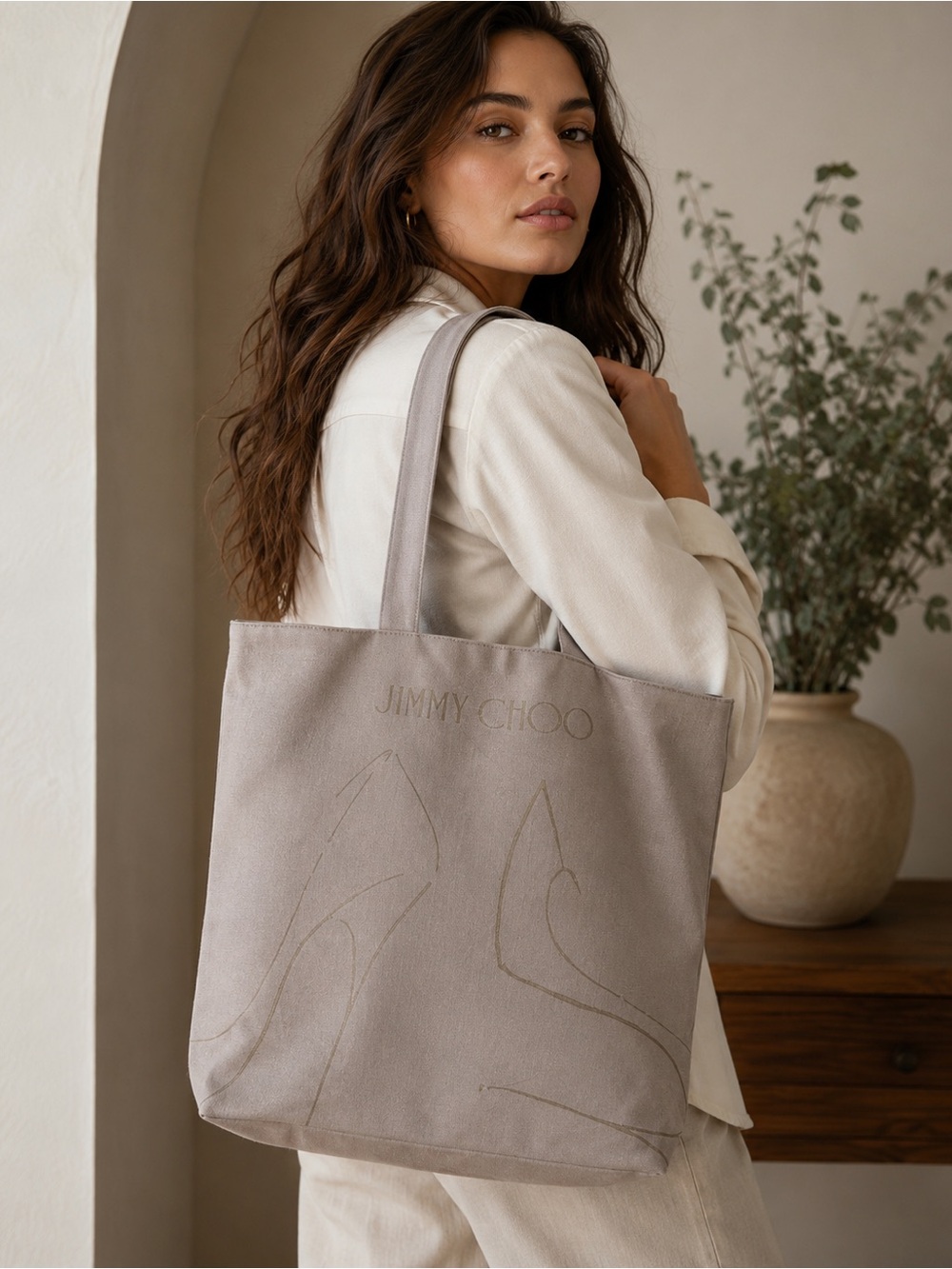 Jimmy Choo Canvas & Gold Hardware Logo Tote Bag Natural